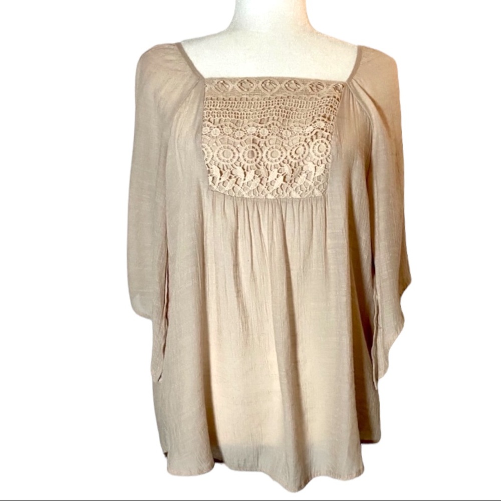 Emma G Tan Boho Gauzy Top Lace Detail Size Medium